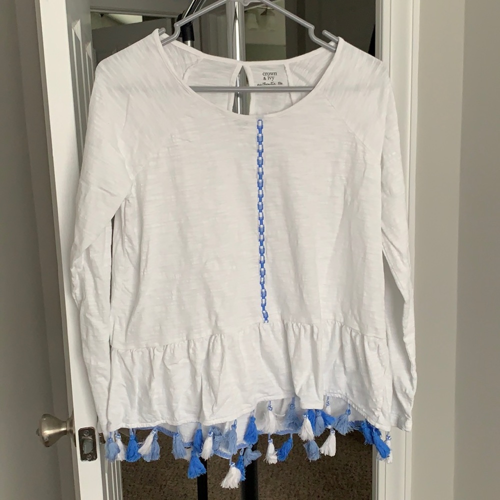 Crown & Ivy long sleeve blouse with tassel bottom